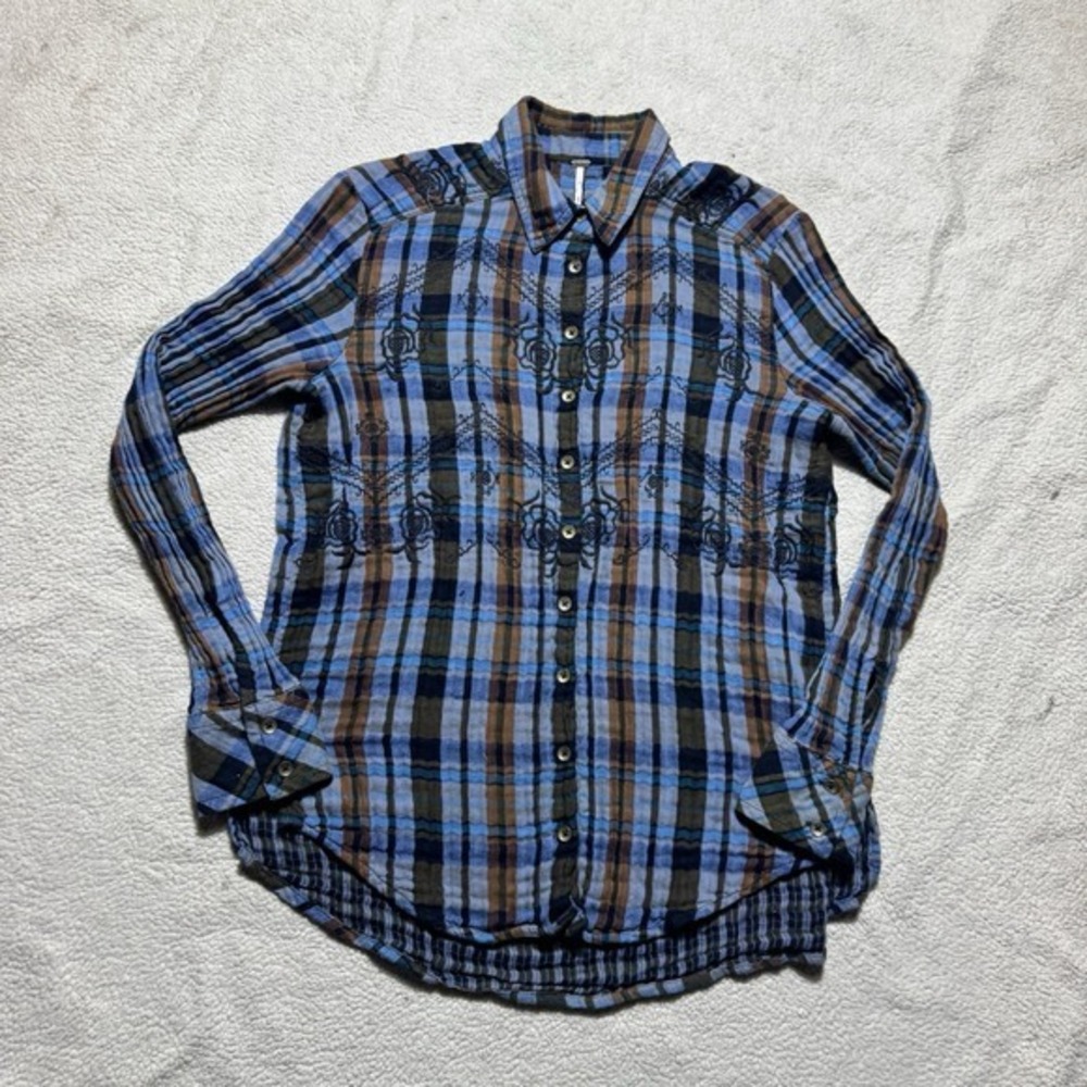 Free‎ People Top Womens XS Blue Plaid Button-Up Tunic Floral Embroidery Collared